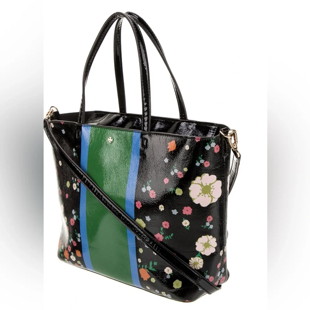Tory Burch Patent Leather Medium Tote Flowers Kerrington EUC